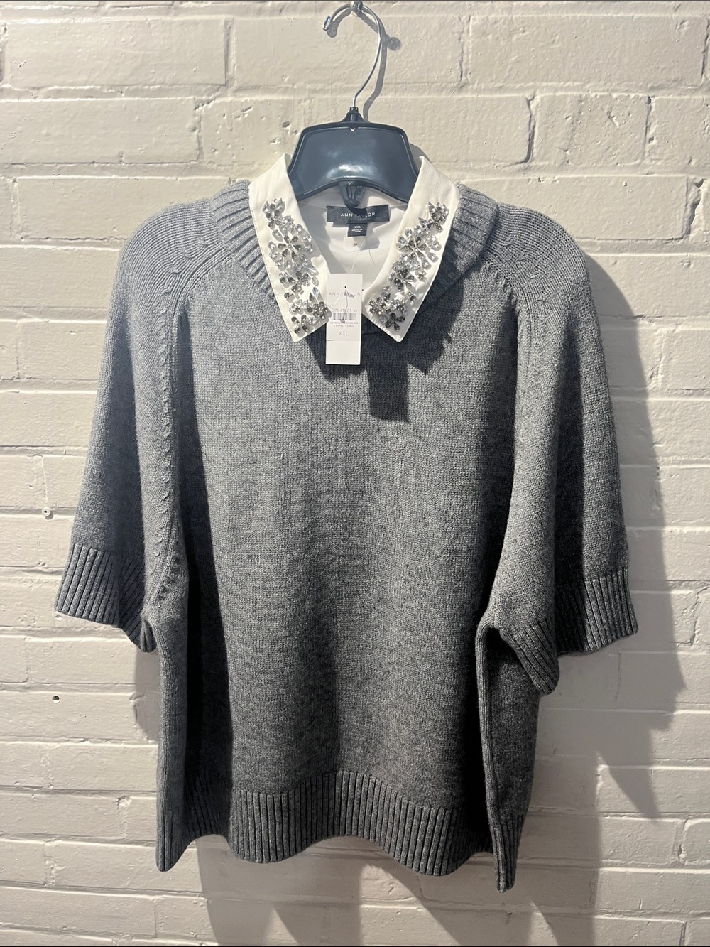 Ann Taylor Gray Crewneck Sweater with Embellished White Collar